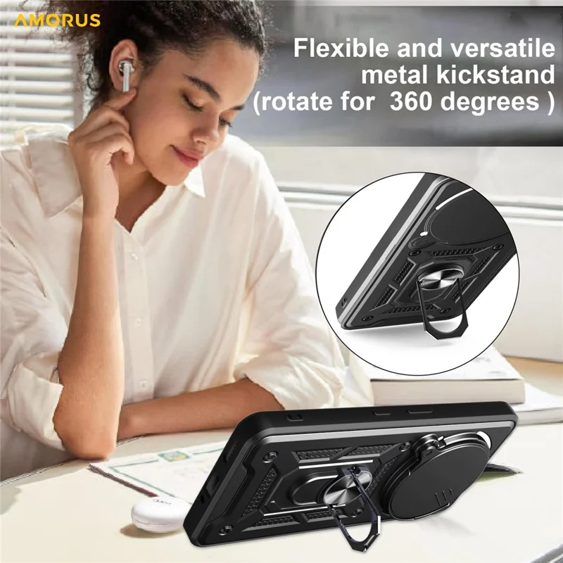 AMORUS Kickstand Case for Nothing Phone (3a) Pro PC + TPU Phone Cover with Camera Lens Slider - Black