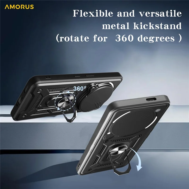 AMORUS Kickstand Case for Nothing Phone (3a) Pro PC + TPU Phone Cover with Camera Lens Slider - Black