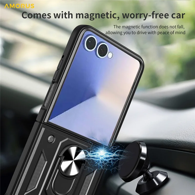 AMORUS For Samsung Galaxy Z Flip7 5G Case Kickstand PC + TPU Phone Cover - Black