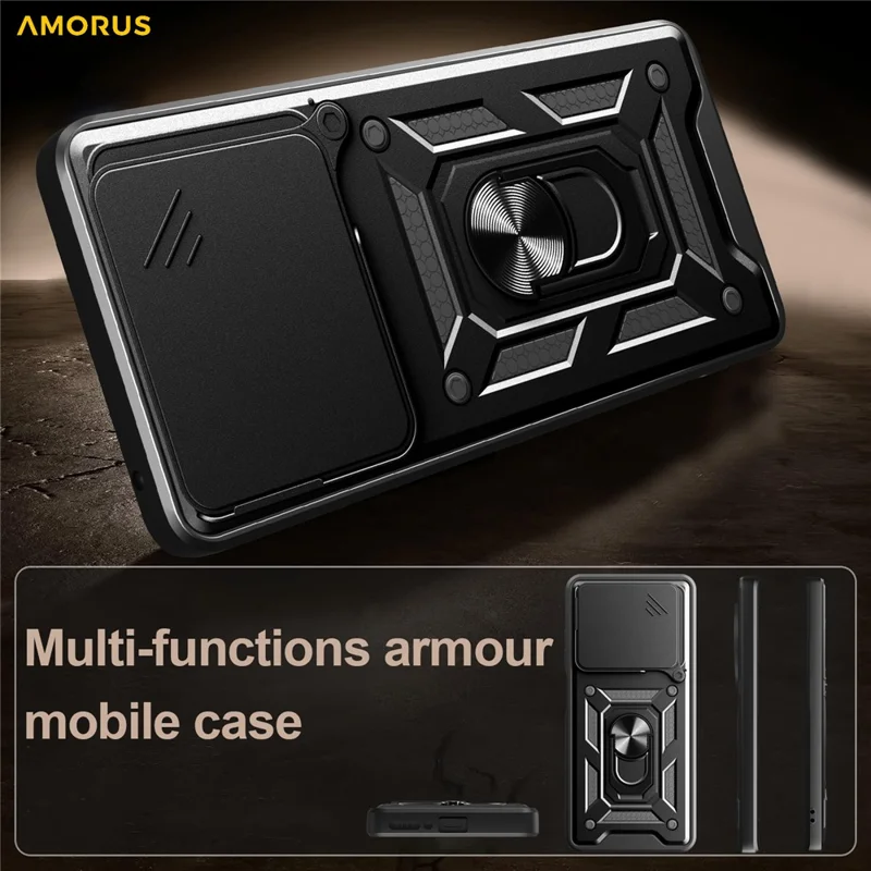 AMORUS For Honor 400 Lite 5G Case Kickstand PC + TPU Phone Cover with Camera Lens Slider - Black