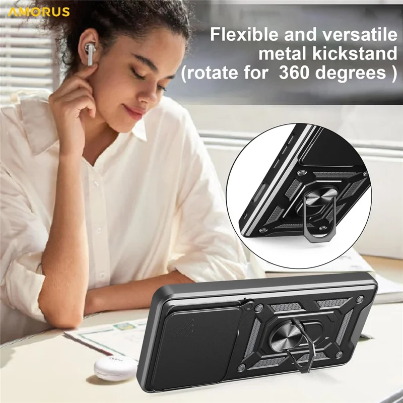 AMORUS For Honor 400 Lite 5G Case Kickstand PC + TPU Phone Cover with Camera Lens Slider - Black