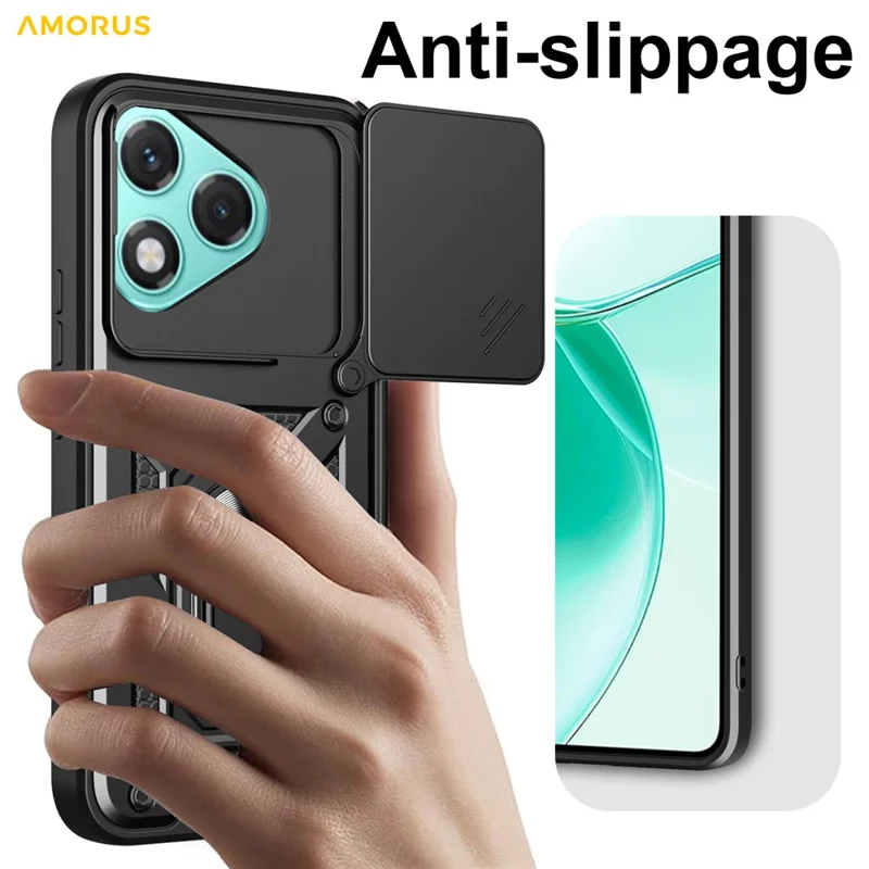 AMORUS For Honor 400 Lite 5G Case Kickstand PC + TPU Phone Cover with Camera Lens Slider - Black