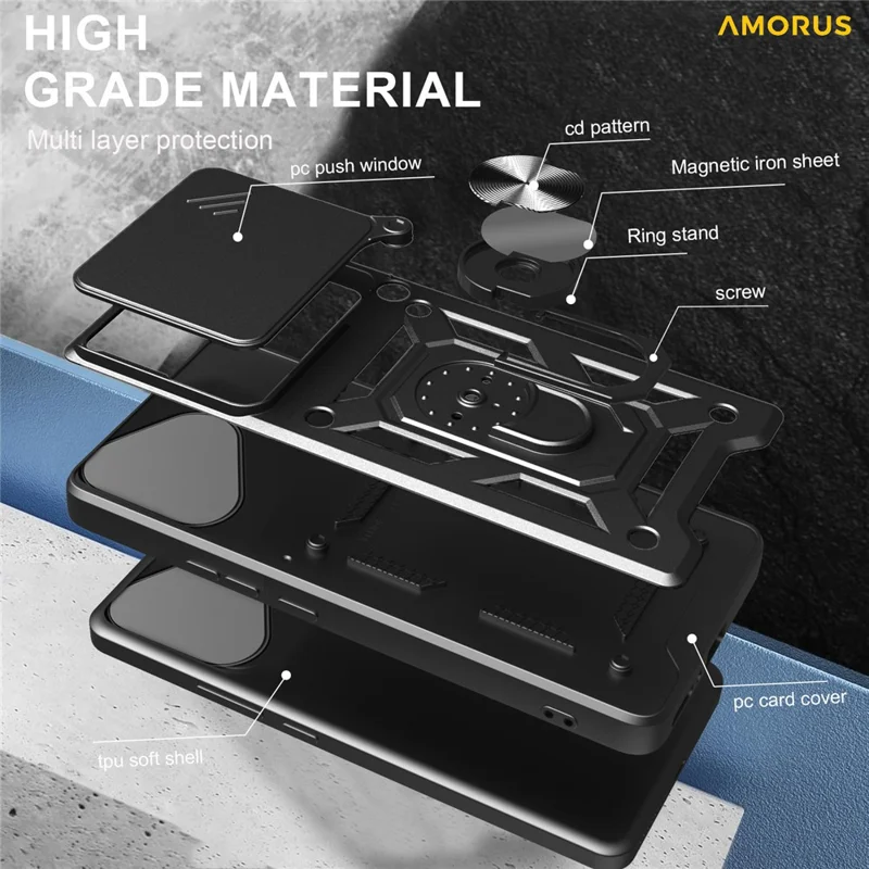 AMORUS For Honor 400 Lite 5G Case Kickstand PC + TPU Phone Cover with Camera Lens Slider - Black