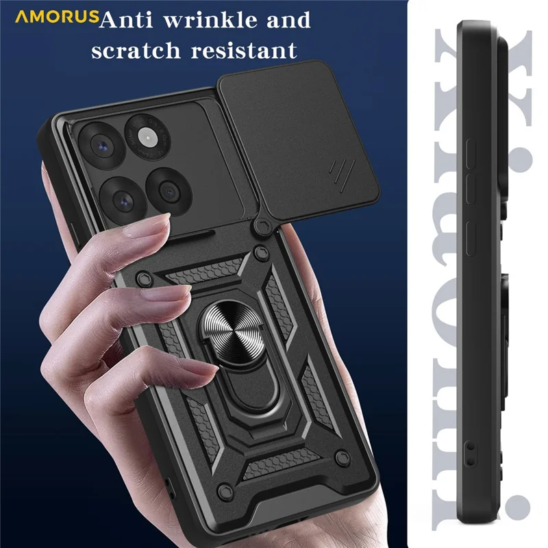AMORUS para Motorola Edge 60 Fusion 5G Capa com Suporte de Apoio PC + TPU com Deslizador de Lente da Câmera - Preto