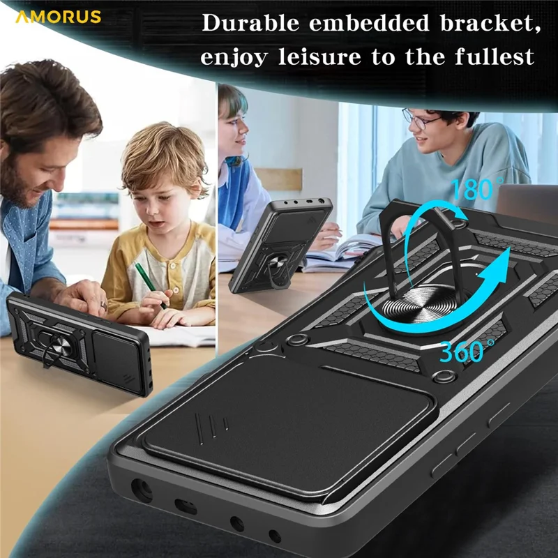 AMORUS para Motorola Edge 60 Fusion 5G Capa com Suporte de Apoio PC + TPU com Deslizador de Lente da Câmera - Preto