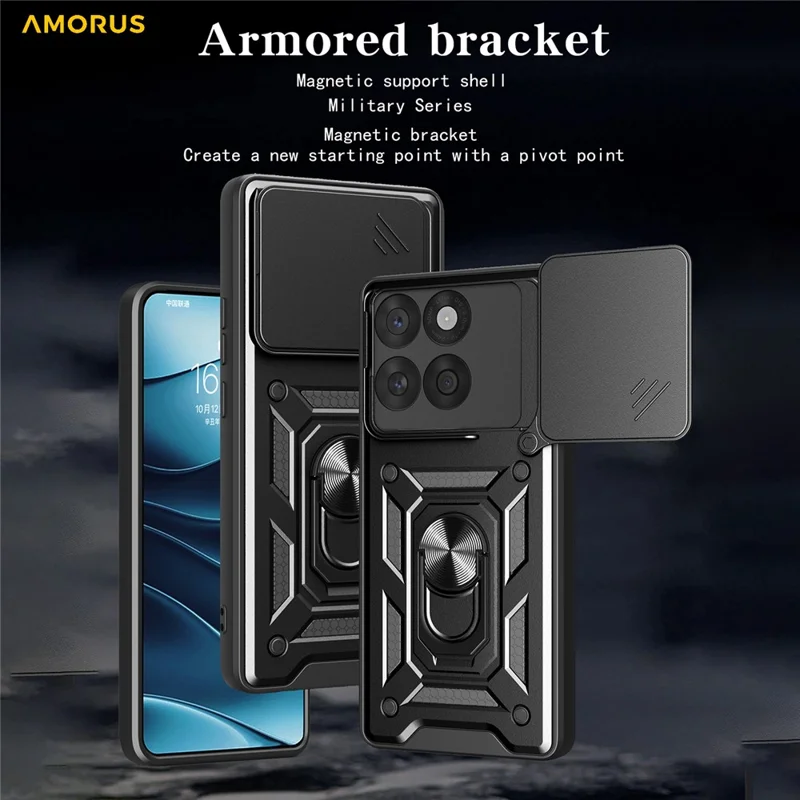 AMORUS para Motorola Edge 60 Fusion 5G Capa com Suporte de Apoio PC + TPU com Deslizador de Lente da Câmera - Preto