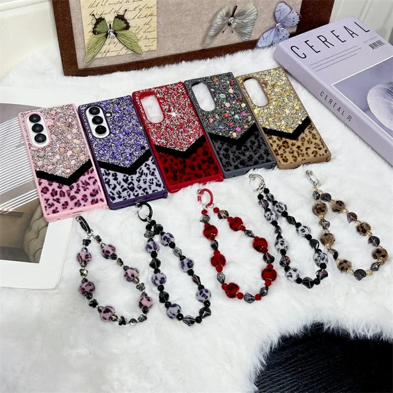 For Samsung Galaxy Z Fold7 5G Case Stone Decor Glitter Leopard Splicing Plush PC Phone Cover with Hand Chain - Red