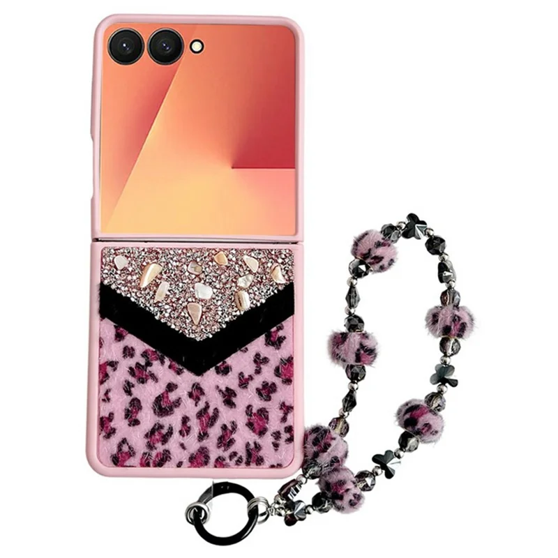 For Samsung Galaxy Z Flip7 5G Case Stone Decor Glitter Leopard Splicing Plush PC Phone Cover with Hand Chain - Pink
