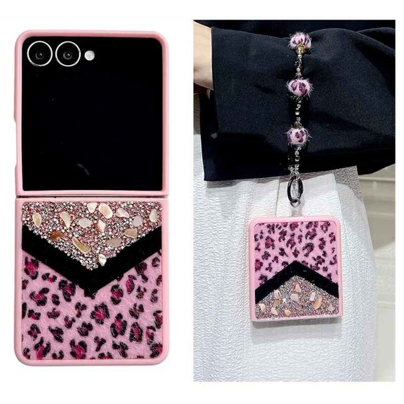 For Samsung Galaxy Z Flip7 5G Case Stone Decor Glitter Leopard Splicing Plush PC Phone Cover with Hand Chain - Pink