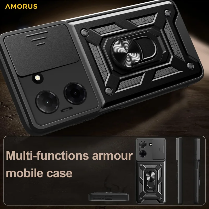 Étui pour Xiaomi Poco C71 4G / Redmi A5 4G (171,7 x 77,8 x 8,3 mm) avec support, en PC + TPU, avec curseur pour l'objectif de la caméra - Noir