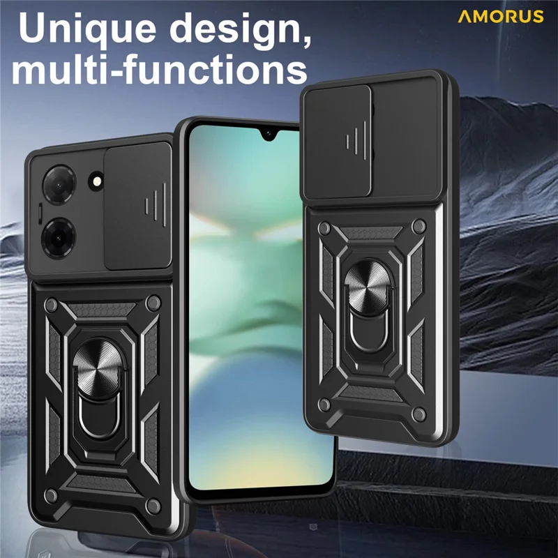 Étui pour Xiaomi Poco C71 4G / Redmi A5 4G (171,7 x 77,8 x 8,3 mm) avec support, en PC + TPU, avec curseur pour l'objectif de la caméra - Noir