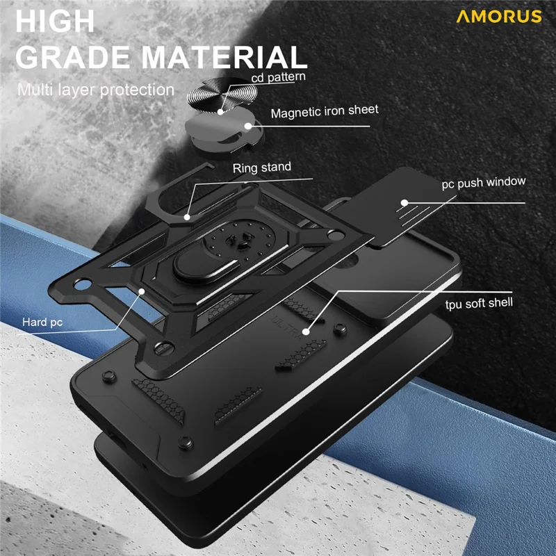 Étui pour Xiaomi Poco C71 4G / Redmi A5 4G (171,7 x 77,8 x 8,3 mm) avec support, en PC + TPU, avec curseur pour l'objectif de la caméra - Noir