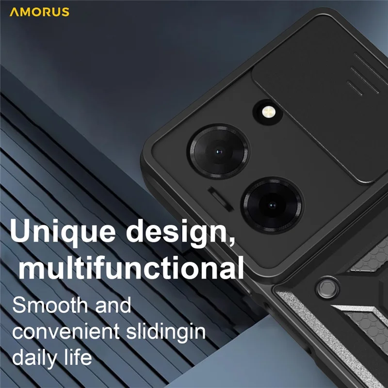 Étui pour Xiaomi Poco C71 4G / Redmi A5 4G (171,7 x 77,8 x 8,3 mm) avec support, en PC + TPU, avec curseur pour l'objectif de la caméra - Noir