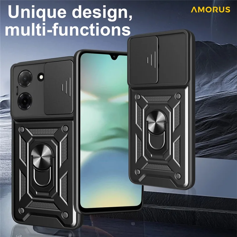 AMORUS Pour Xiaomi Redmi A5 NFC (UE) (173,45x79,35x8,45 mm) Étui avec Support Rigide + TPU et Coulisseau de Protection d'Objectif - Noir