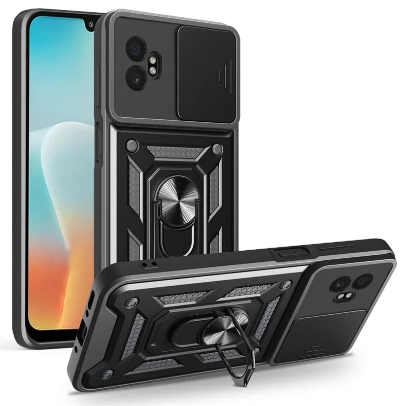 AMORUS For Samsung Galaxy XCover7 Pro Case Kickstand PC + TPU Phone Cover with Camera Lens Slider - Black