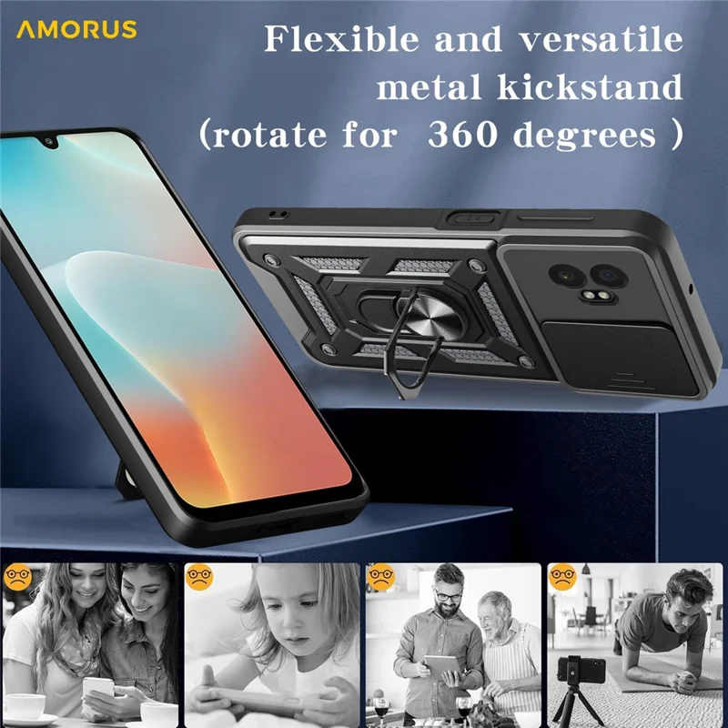 AMORUS For Samsung Galaxy XCover7 Pro Case Kickstand PC + TPU Phone Cover with Camera Lens Slider - Black
