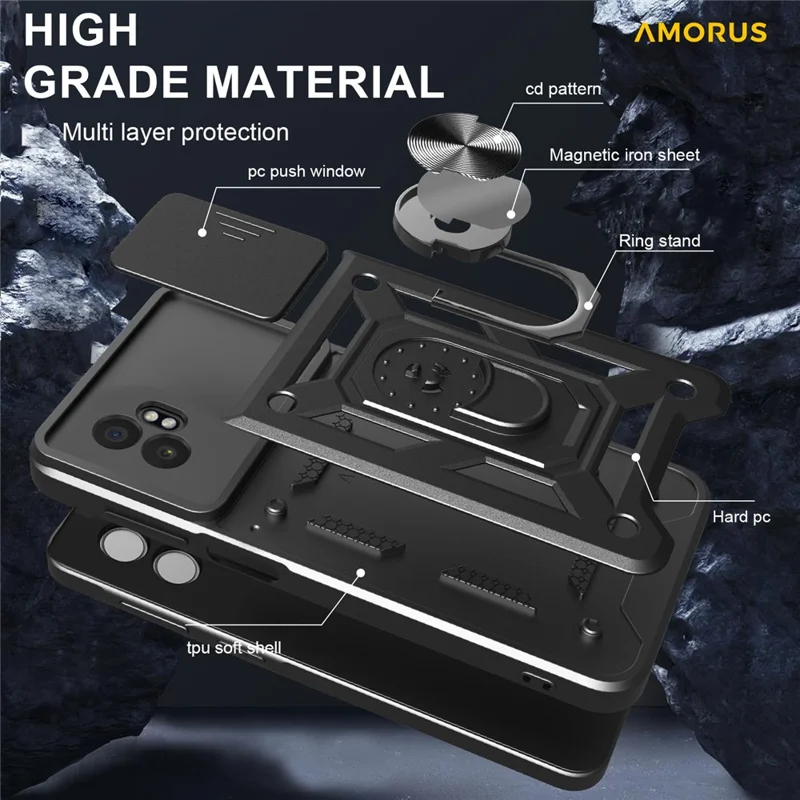 AMORUS For Samsung Galaxy XCover7 Pro Case Kickstand PC + TPU Phone Cover with Camera Lens Slider - Black