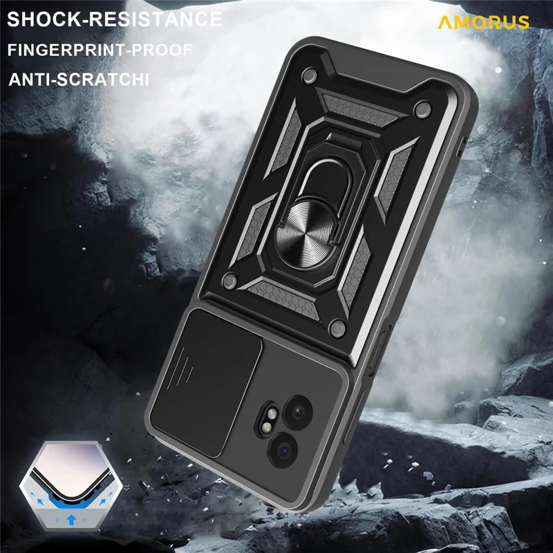 AMORUS For Samsung Galaxy XCover7 Pro Case Kickstand PC + TPU Phone Cover with Camera Lens Slider - Black