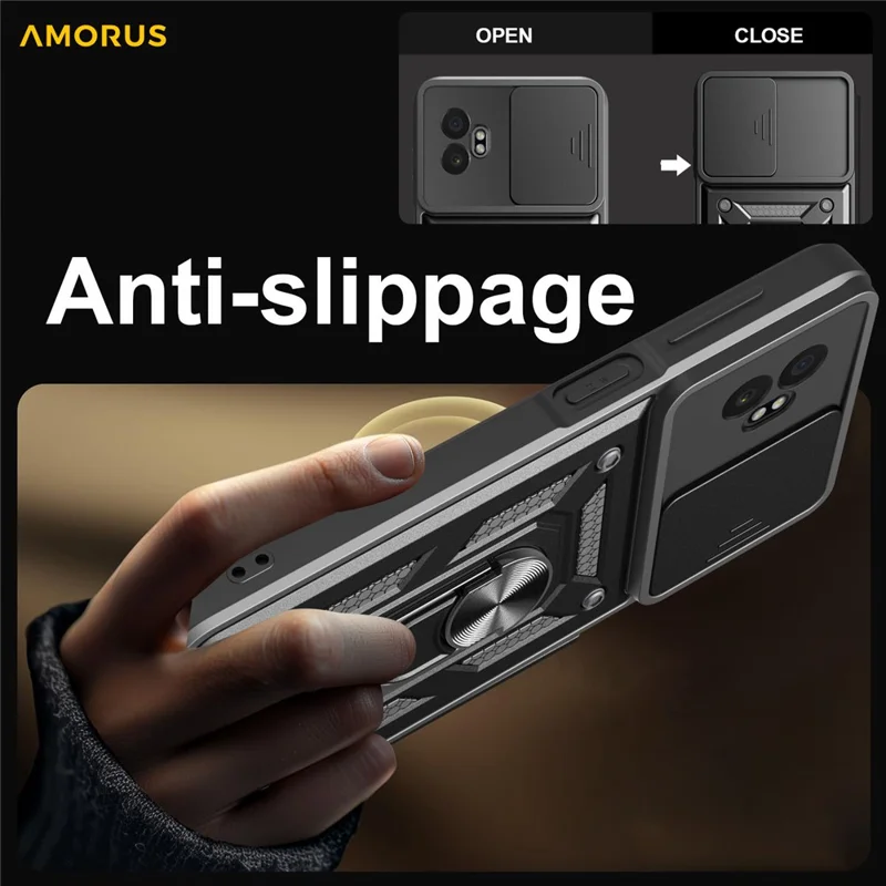 AMORUS For Samsung Galaxy XCover7 Pro Case Kickstand PC + TPU Phone Cover with Camera Lens Slider - Black