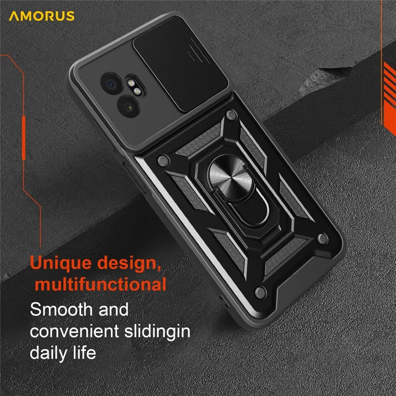 AMORUS For Samsung Galaxy XCover7 Pro Case Kickstand PC + TPU Phone Cover with Camera Lens Slider - Black