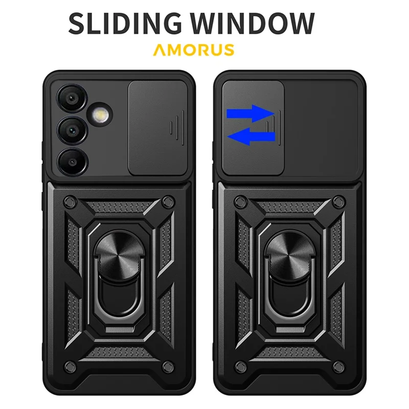 AMORUS For Samsung Galaxy S24 FE Case Kickstand PC + TPU Phone Cover with Camera Lens Slider - Black