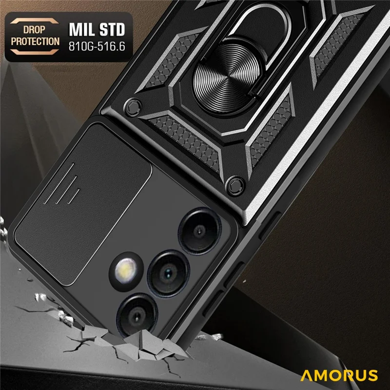 AMORUS For Samsung Galaxy S24 FE Case Kickstand PC + TPU Phone Cover with Camera Lens Slider - Black