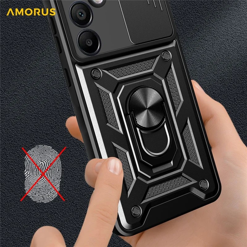 AMORUS For Samsung Galaxy S24 FE Case Kickstand PC + TPU Phone Cover with Camera Lens Slider - Black