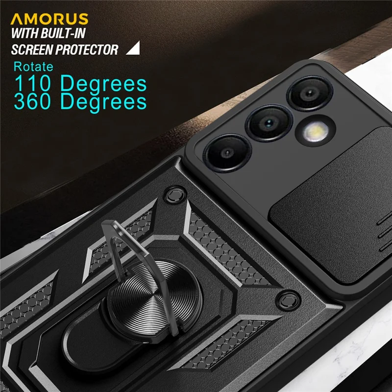 AMORUS For Samsung Galaxy S24 FE Case Kickstand PC + TPU Phone Cover with Camera Lens Slider - Black