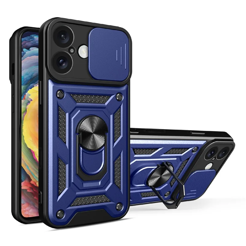 AMORUS Kickstand Case for iPhone 16 PC + TPU Phone Cover with Camera Lens Slider - Blue
