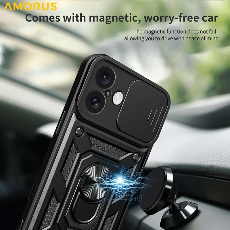 AMORUS Kickstand Case for iPhone 16 PC + TPU Phone Cover with Camera Lens Slider - Blue