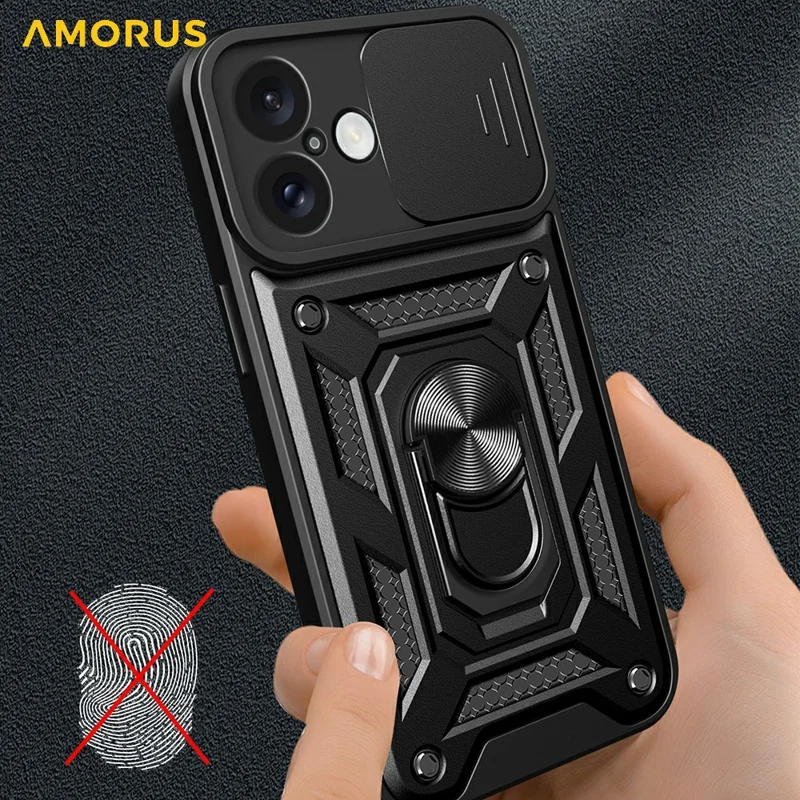 AMORUS Kickstand Case for iPhone 16 PC + TPU Phone Cover with Camera Lens Slider - Blue