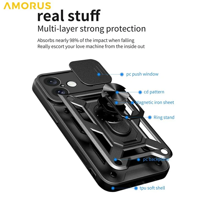 AMORUS Kickstand Case for iPhone 16 PC + TPU Phone Cover with Camera Lens Slider - Blue