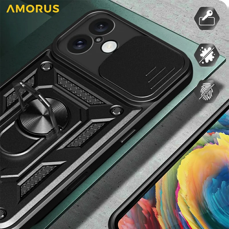 AMORUS For iPhone 16 Plus Case Kickstand PC + TPU Phone Cover with Camera Lens Slider - Blue