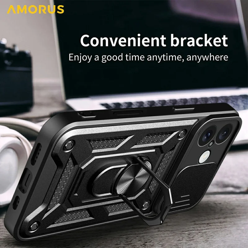 AMORUS For iPhone 16 Plus Case Kickstand PC + TPU Phone Cover with Camera Lens Slider - Blue