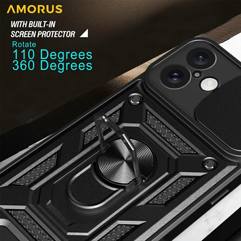 AMORUS For iPhone 16 Plus Case Kickstand PC + TPU Phone Cover with Camera Lens Slider - Blue