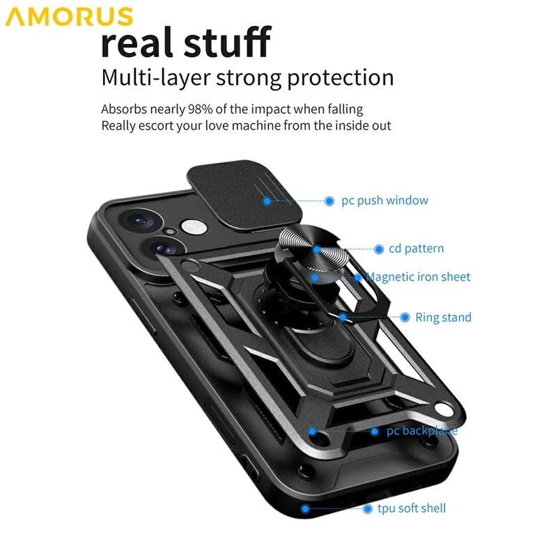 AMORUS For iPhone 16 Plus Case Kickstand PC + TPU Phone Cover with Camera Lens Slider - Blue