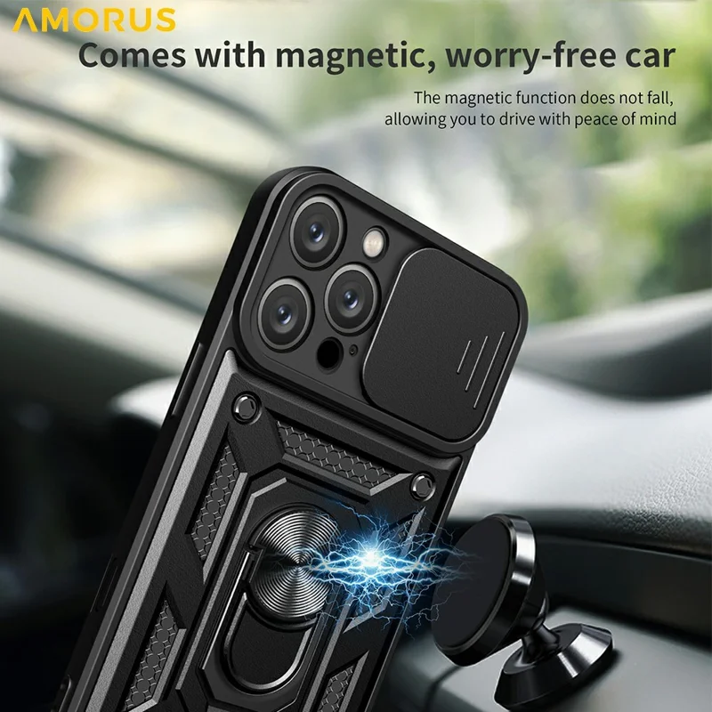 AMORUS For iPhone 16 Pro Case Kickstand PC + TPU Phone Cover with Camera Lens Slider - Blue
