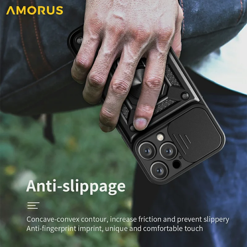 AMORUS For iPhone 16 Pro Max Case Kickstand PC + TPU Phone Cover with Camera Lens Slider - Blue