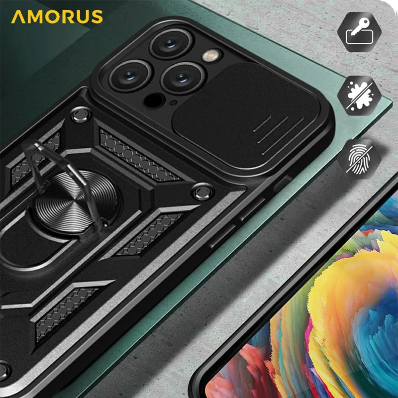 AMORUS For iPhone 16 Pro Max Case Kickstand PC + TPU Phone Cover with Camera Lens Slider - Blue
