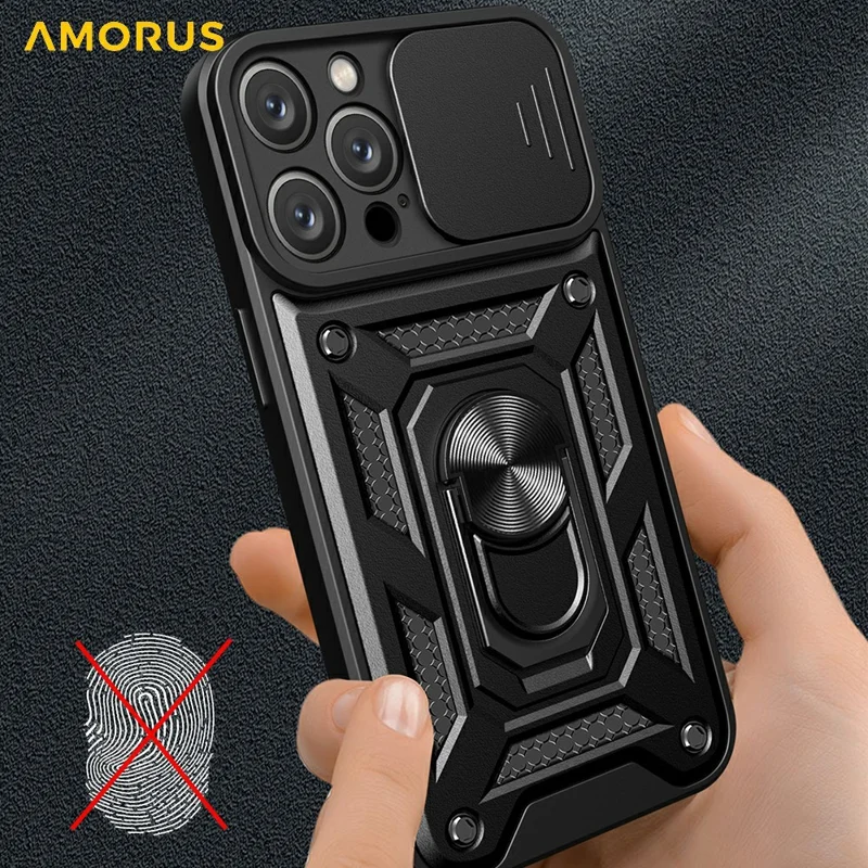 AMORUS For iPhone 16 Pro Max Case Kickstand PC + TPU Phone Cover with Camera Lens Slider - Blue