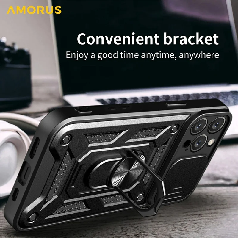AMORUS For iPhone 16 Pro Max Case Kickstand PC + TPU Phone Cover with Camera Lens Slider - Blue