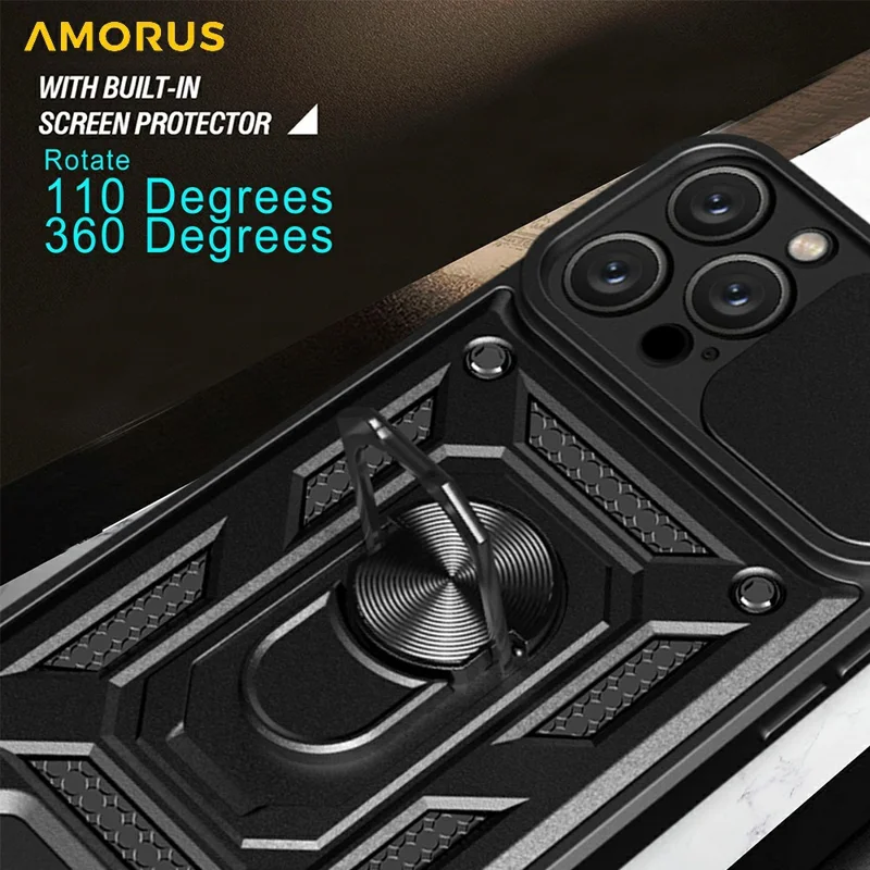 AMORUS For iPhone 16 Pro Max Case Kickstand PC + TPU Phone Cover with Camera Lens Slider - Blue