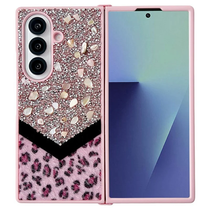Für Samsung Galaxy Z Fold7 5G Hülle Steindekor Glitzer Leopard Patchwork Plüsch PC Handyhülle - Rosa