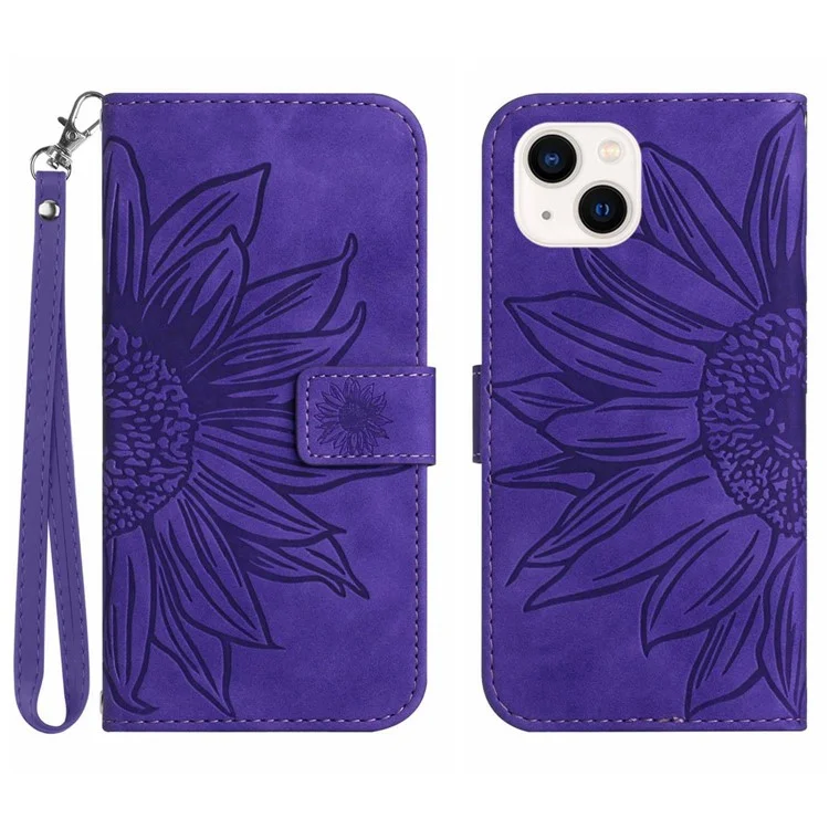 Flip Phone Case para iPhone 14 Plus, HT04 Imprinted Sunflower Viewing Stand Piel sintética Tacto de piel-Toque magnético Cartera Cubierta con Correa - Morado oscuro