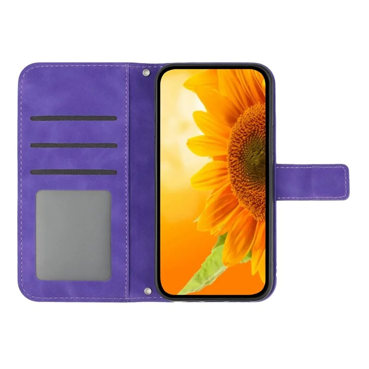 Flip Phone Case para iPhone 14 Plus, HT04 Imprinted Sunflower Viewing Stand Piel sintética Tacto de piel-Toque magnético Cartera Cubierta con Correa - Morado oscuro