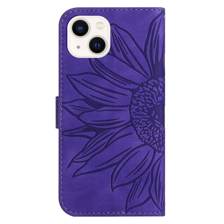Flip Phone Case para iPhone 14 Plus, HT04 Imprinted Sunflower Viewing Stand Piel sintética Tacto de piel-Toque magnético Cartera Cubierta con Correa - Morado oscuro