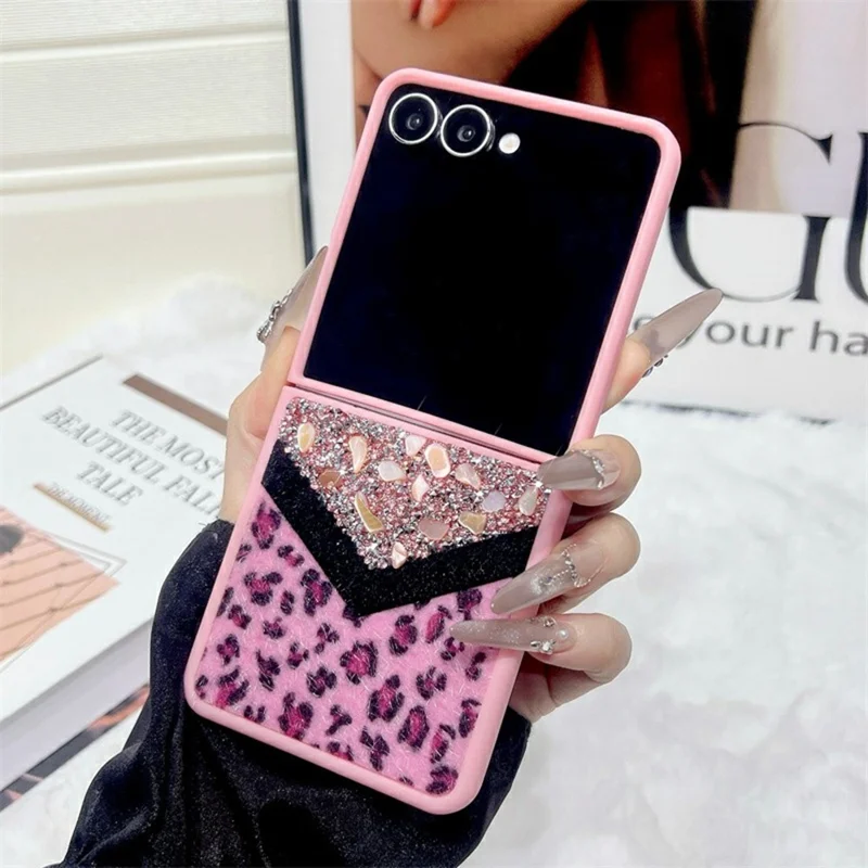 For Samsung Galaxy Z Flip7 5G Case Stone Decor Glitter Leopard Splicing Plush PC Phone Cover - Pink