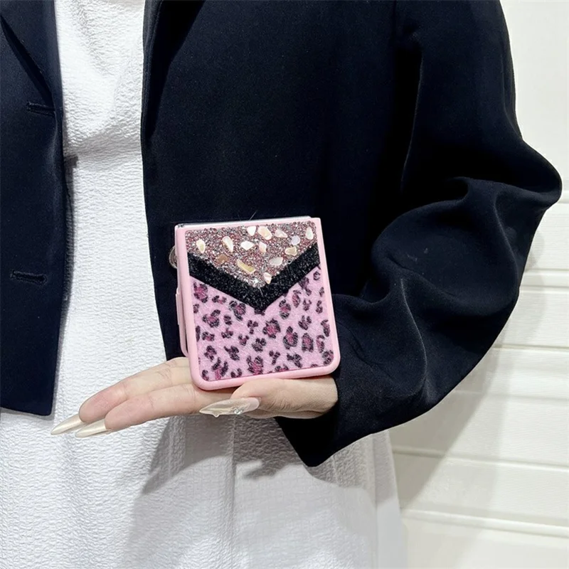 For Samsung Galaxy Z Flip7 5G Case Stone Decor Glitter Leopard Splicing Plush PC Phone Cover - Pink