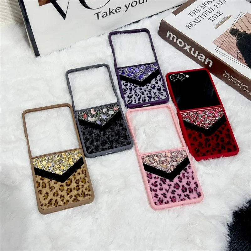 For Samsung Galaxy Z Flip7 5G Case Stone Decor Glitter Leopard Splicing Plush PC Phone Cover - Pink