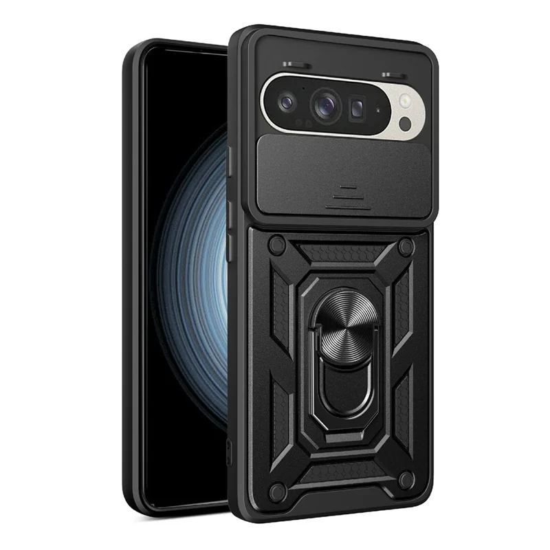 AMORUS For Google Pixel 9 / 9 Pro Case Kickstand PC + TPU Phone Cover with Camera Lens Slider - Black